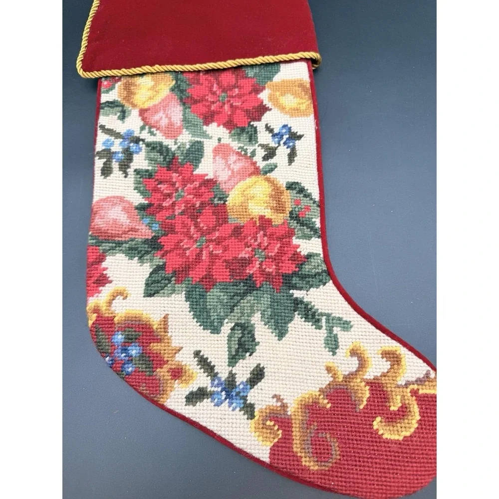 Vintage Handmade Wool Needlepoint‎ ELEGANT FLORAL Christmas Stocking 18